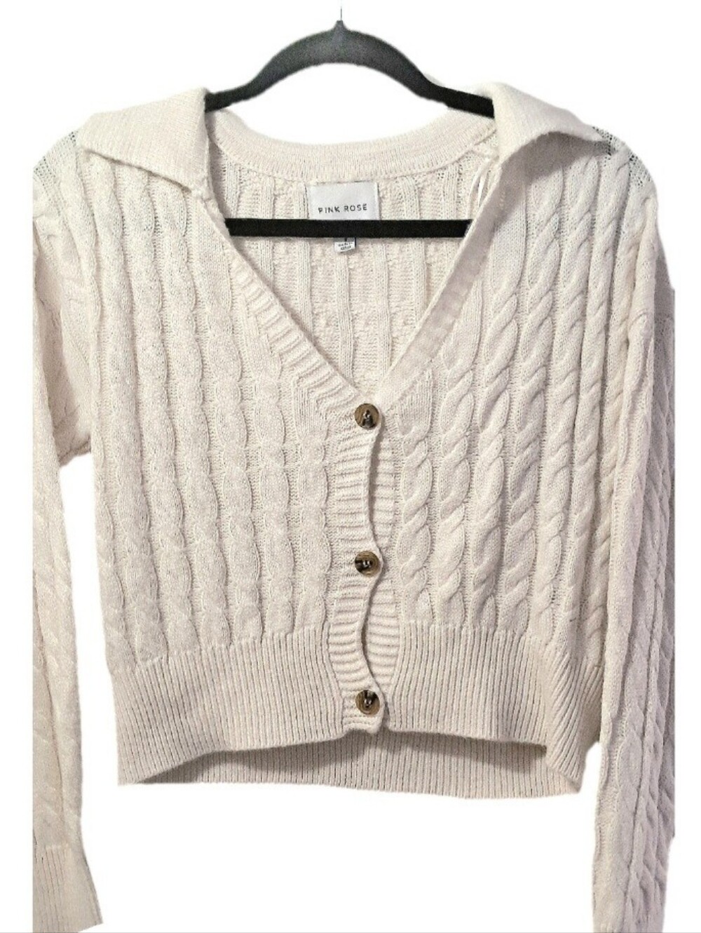 Pink Rose Cream Cable-Knit Collared Button Down Ribbed V-Neck Cardigan | Size S